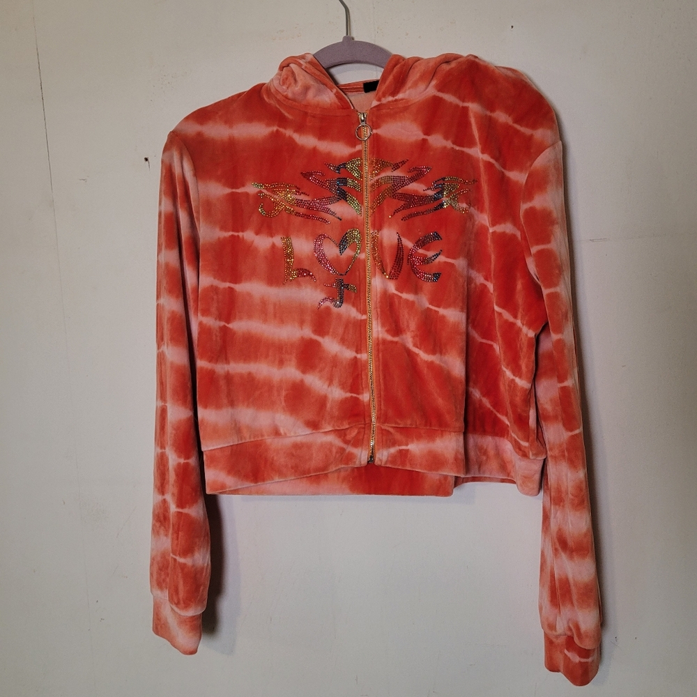Jaded London Vibrant Orange Tie-Dye Hoodie Jacket Rhinestone Accents Size 8